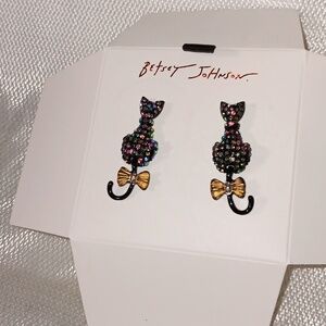 Betsey Johnson Multicolor Crystal Cat Earrings with Gold Bow